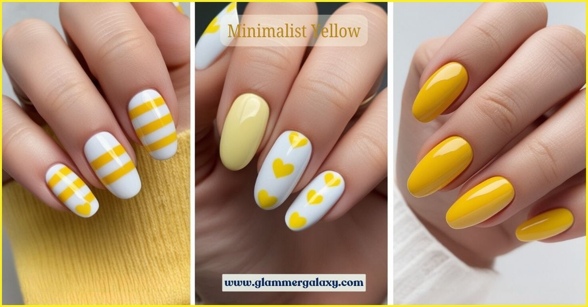 Three images of hands with yellow-themed nail art, including stripes and hearts, on a white background.