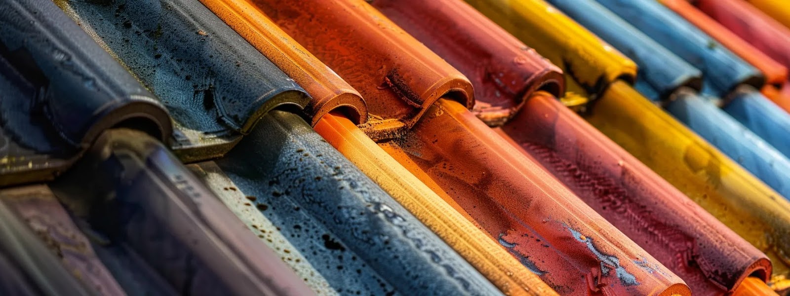 a colorful array of roofing sheets gleaming under the sun, showcasing their diverse materials and textures.