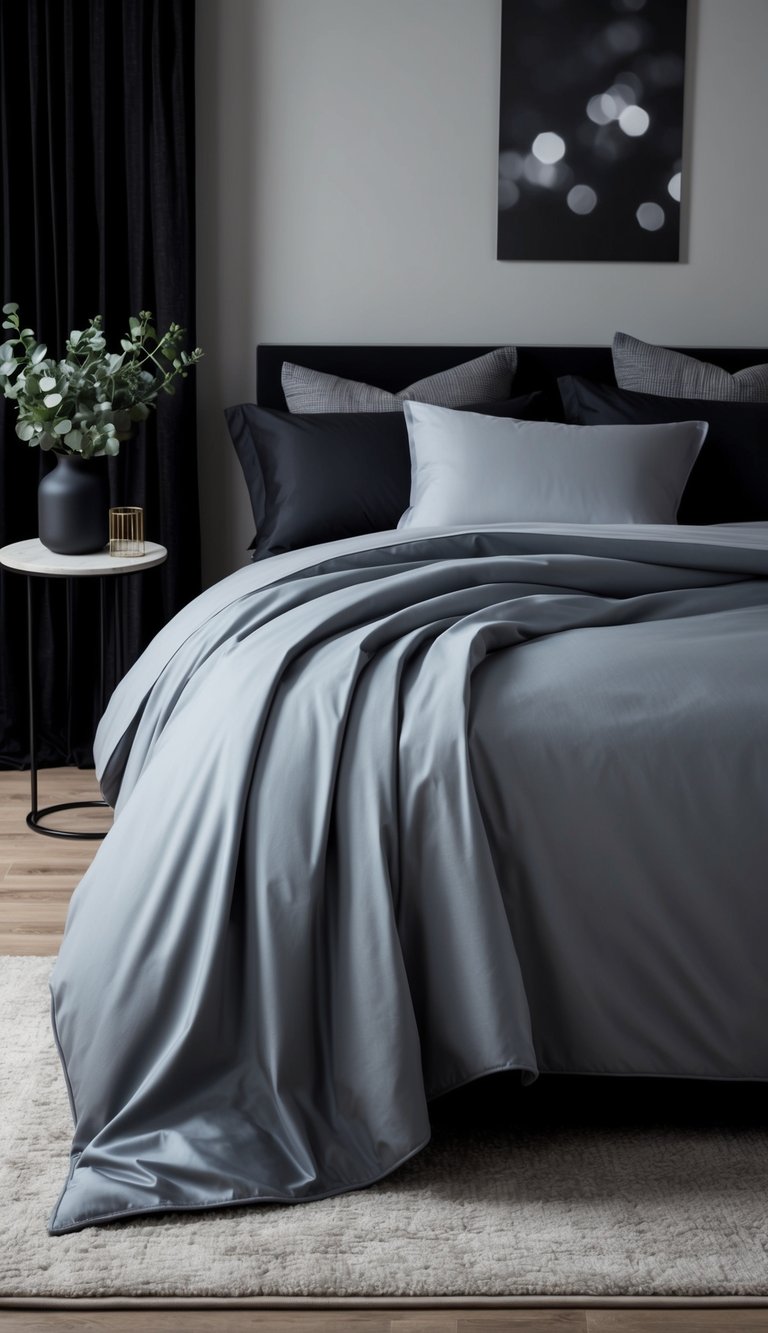 A slate gray duvet cover draped over a neatly made bed in a modern bedroom with black and gray decor