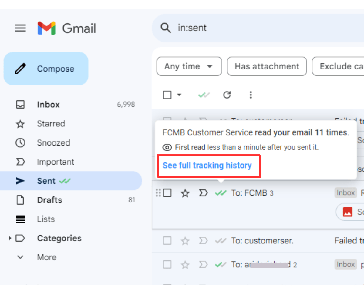 To access email insight reports, hover over the Mailsuite double checkmarks on the sent email and click see full tracking history