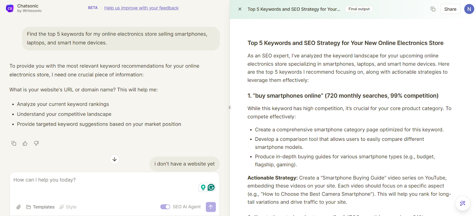 Chatsonic helps with e-commerce specific keyword research.