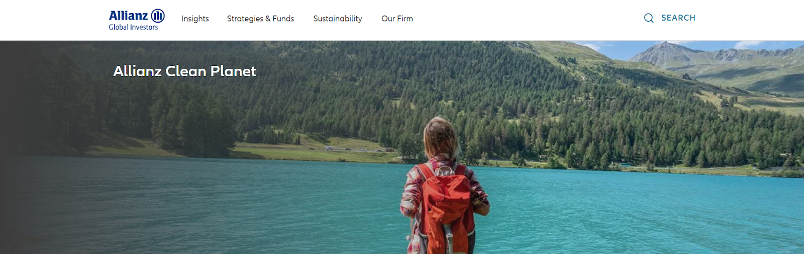 Allianz’s Clean Planet website featuring a photo of a child with a backpack breathing fresh air against a mountain and lake backdrop.