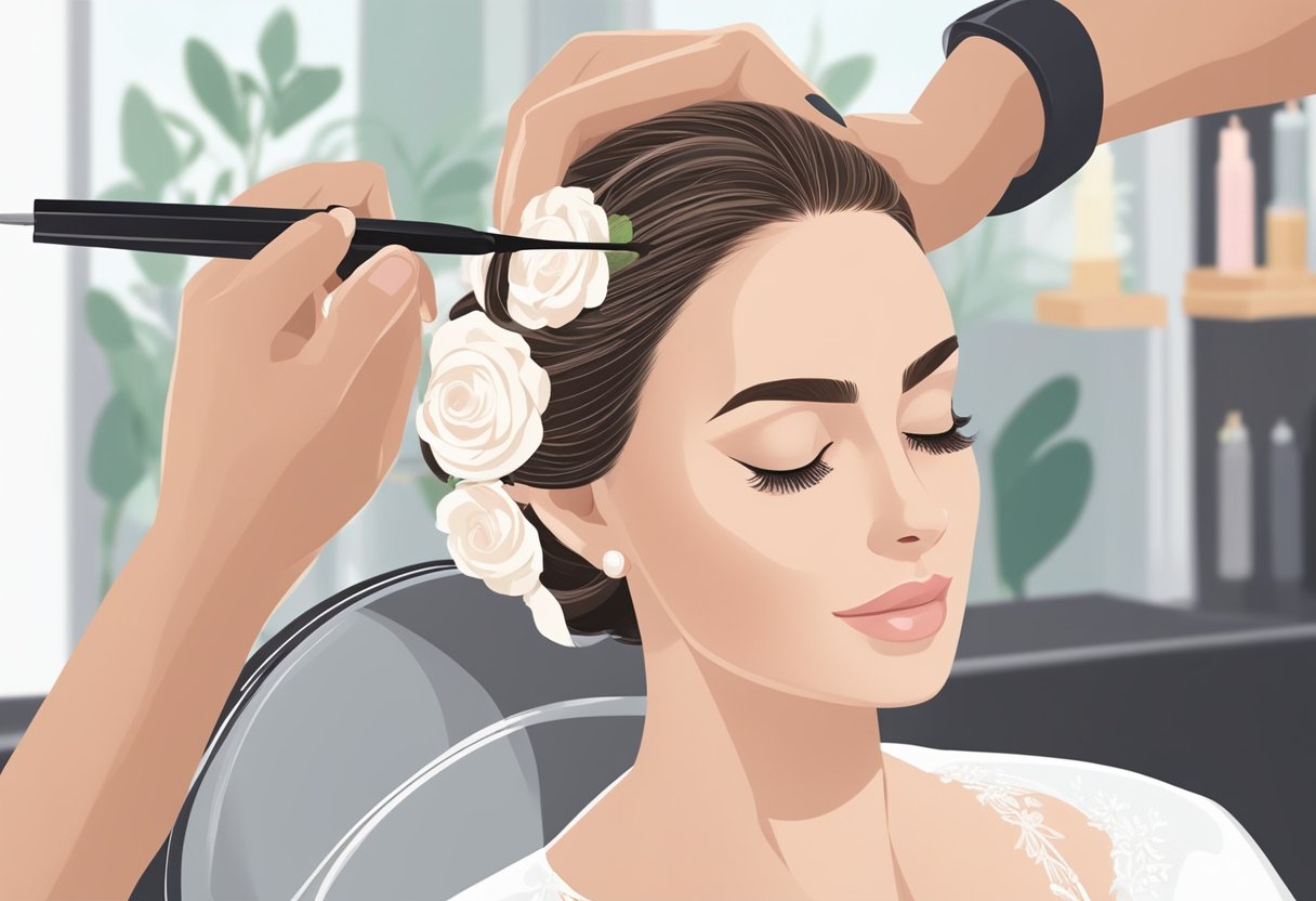 A bride sits in a salon chair, eyes closed, as a technician carefully selects and applies the perfect lash extensions for her wedding day look