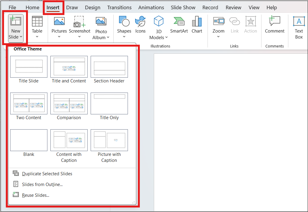 PowerPoint interface with Insert > New Slide Option is highlighted. Includes options like Office Theme with various layouts.