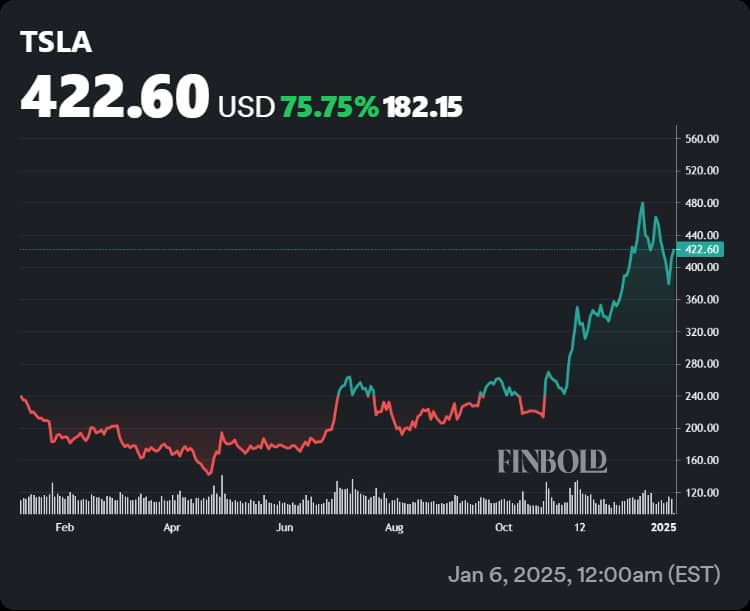 Tesla stock performance between early 2024 and early 2025.