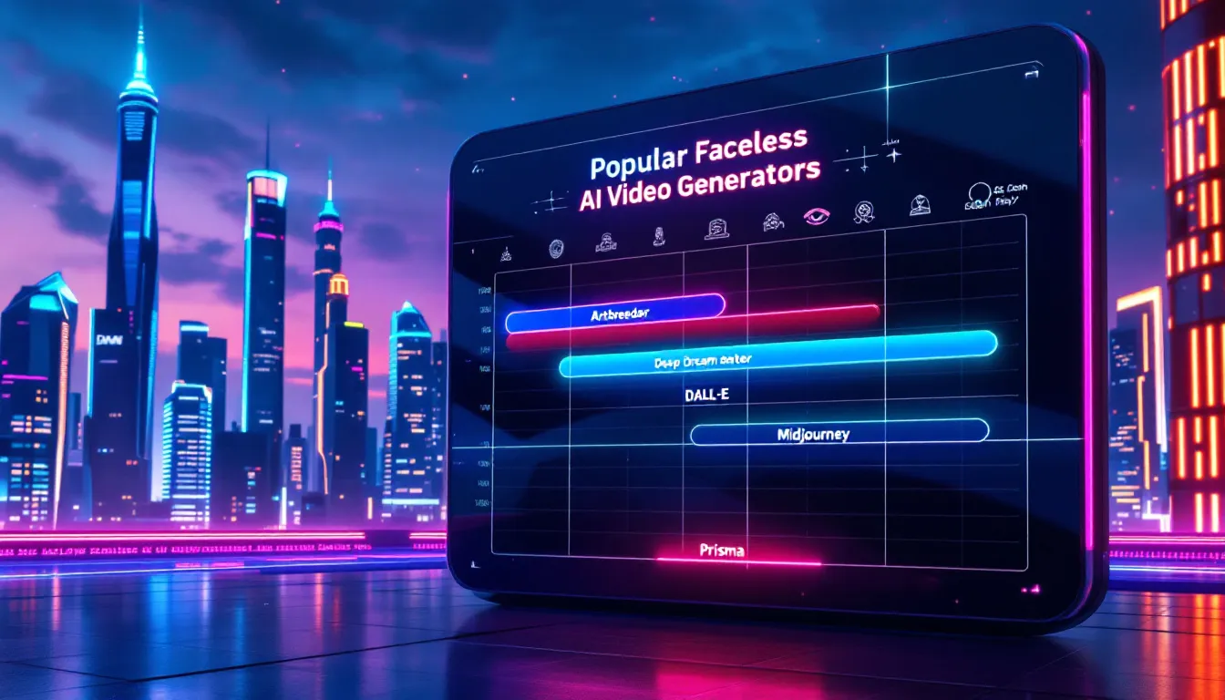 A comparative chart of popular faceless AI video generators, showcasing their unique features.