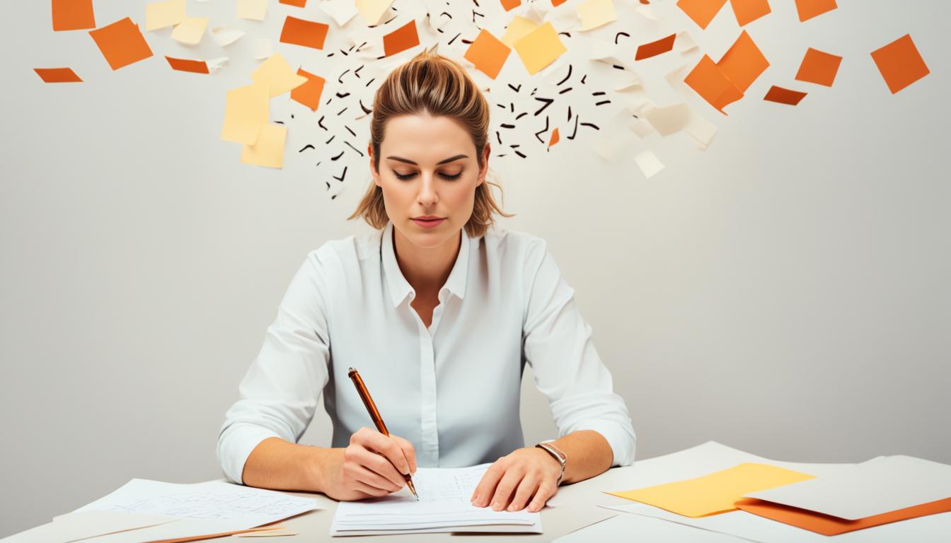 An image that captures the act of clearing one's mental space through the ritual of morning pages. Use warm colors and soft lines to convey a sense of calm and tranquility. Show a person seated at a desk, surrounded by blank sheets of paper and a pen. The person is wearing loose-fitting clothes, with their hair loosely tied back. They have a focused look on their face as they write down their thoughts and feelings in a stream-of-consciousness style. Use light and shadow to emphasize the warmth of the morning sunlight coming in through the window, casting a soft glow over the scene. Show plants or flowers nearby to convey a sense of nurturing and growth. The overall mood should be one of peace and positivity, as if the act of writing is healing and transformative.