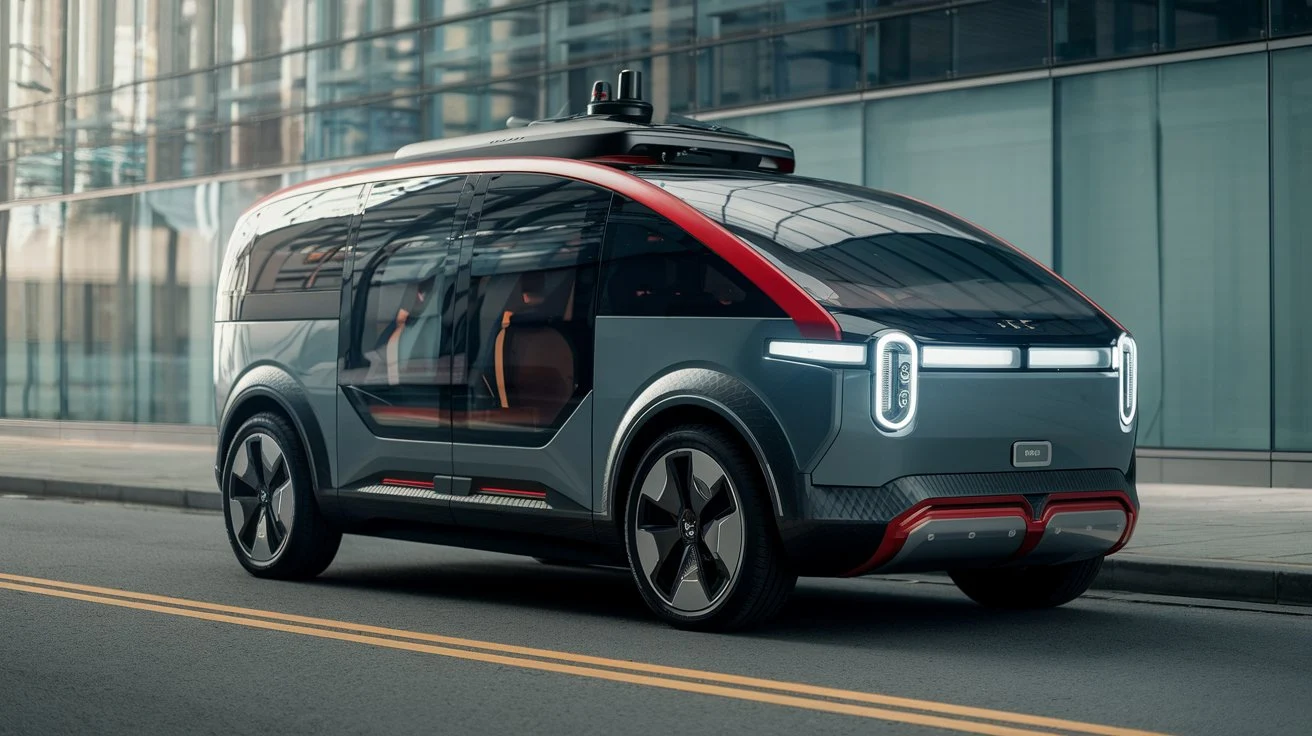 A futuristic-looking electric vehicle with autonomous driving features.