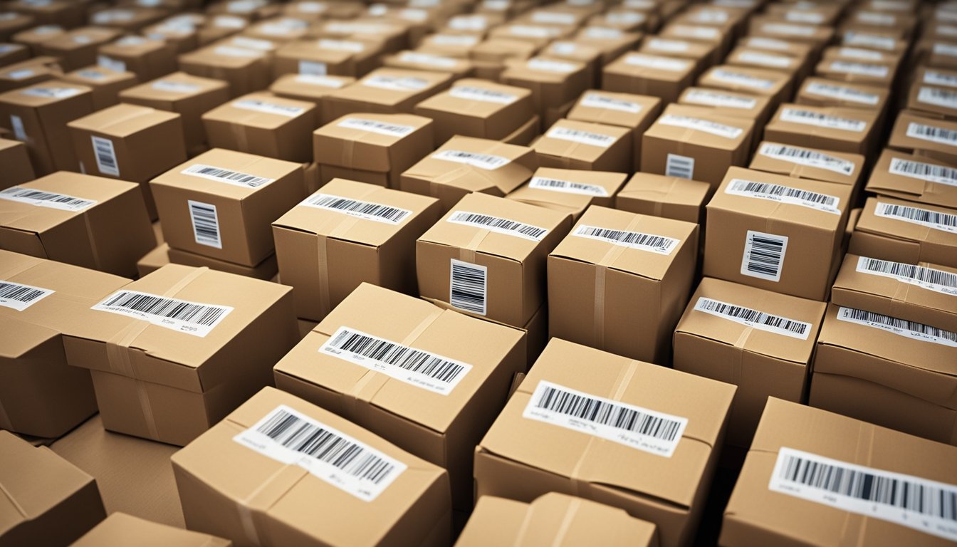 A stack of Amazon FBM packages ready for shipment, surrounded by shipping materials and a barcode scanner