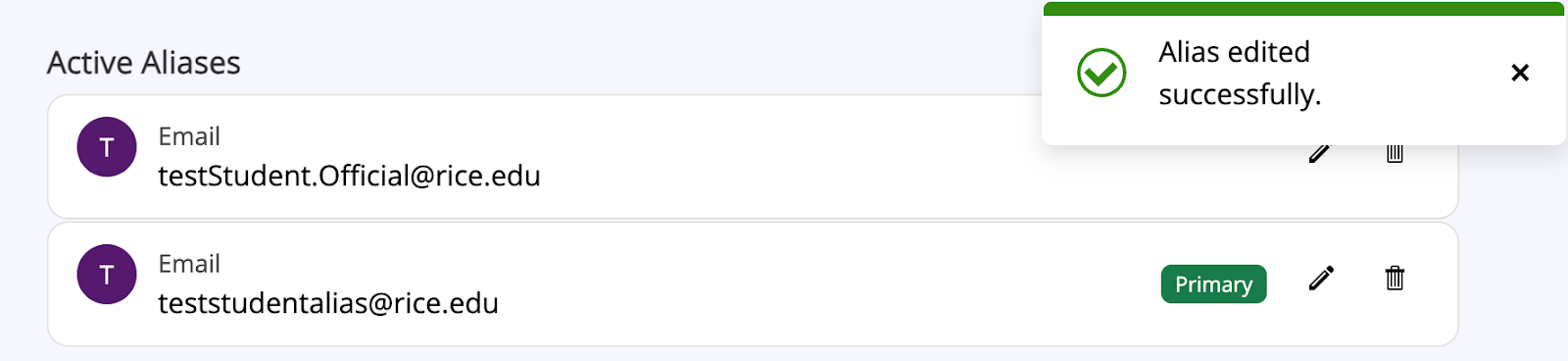 screenshot showing the response message, Alias edited successfully, after clicking save