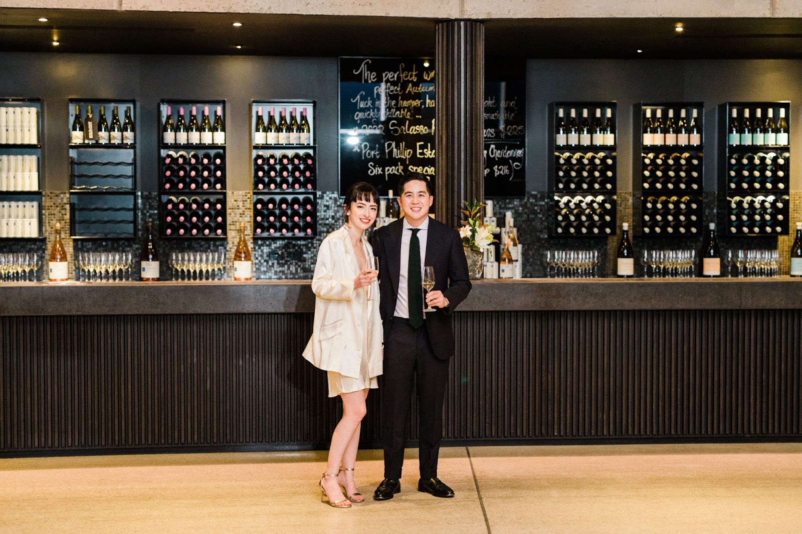 Couple pose at bar, Port Phillip Estate, Australia, Lachlan Scallion, Really Good Weddings, Australia 