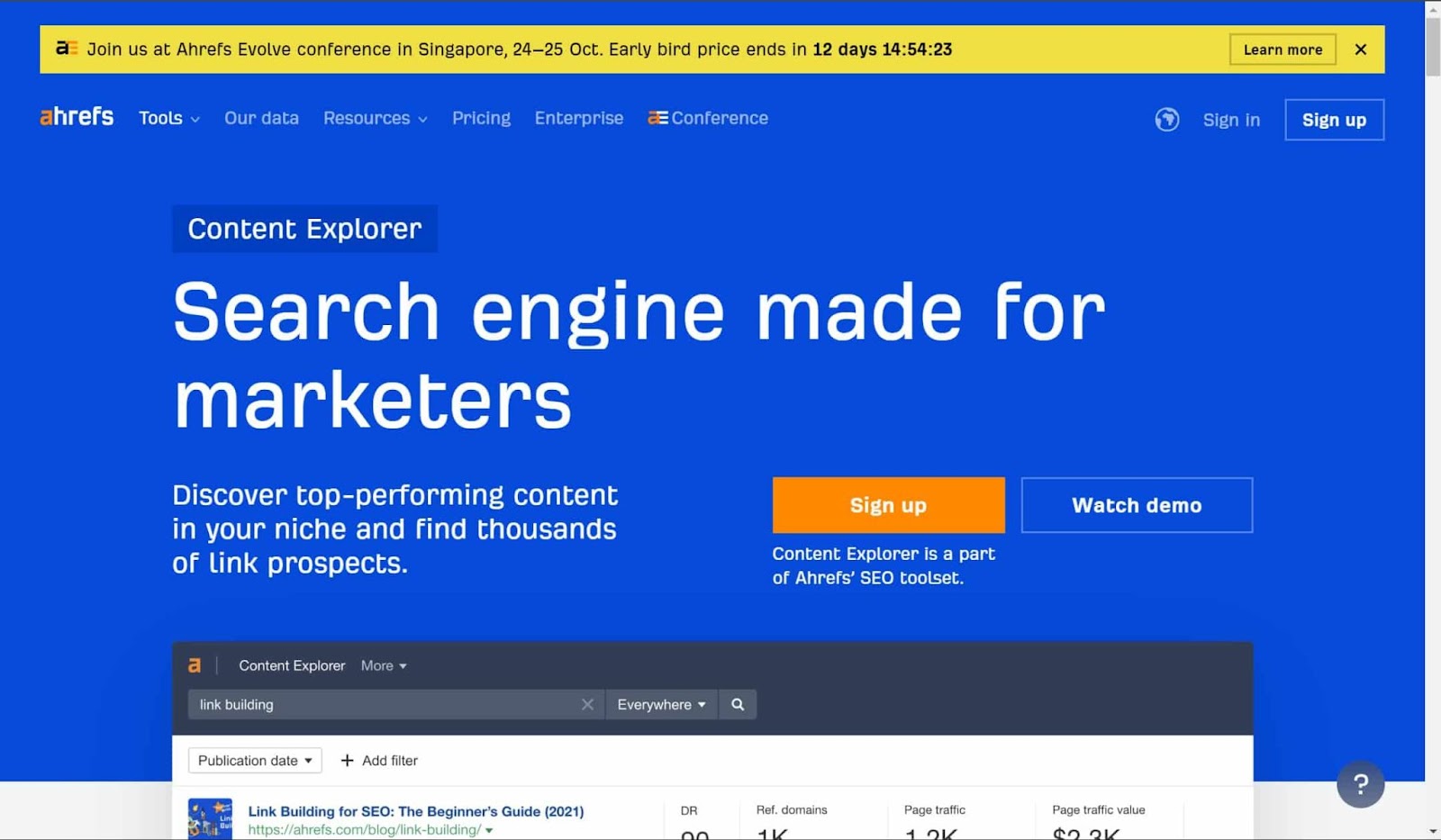 Screenshot of Ahrefs’ Content Explorer website