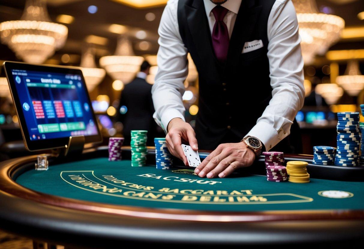 A luxurious casino table with stacks of chips, a sleek baccarat shoe, and a professional dealer dealing cards to online players