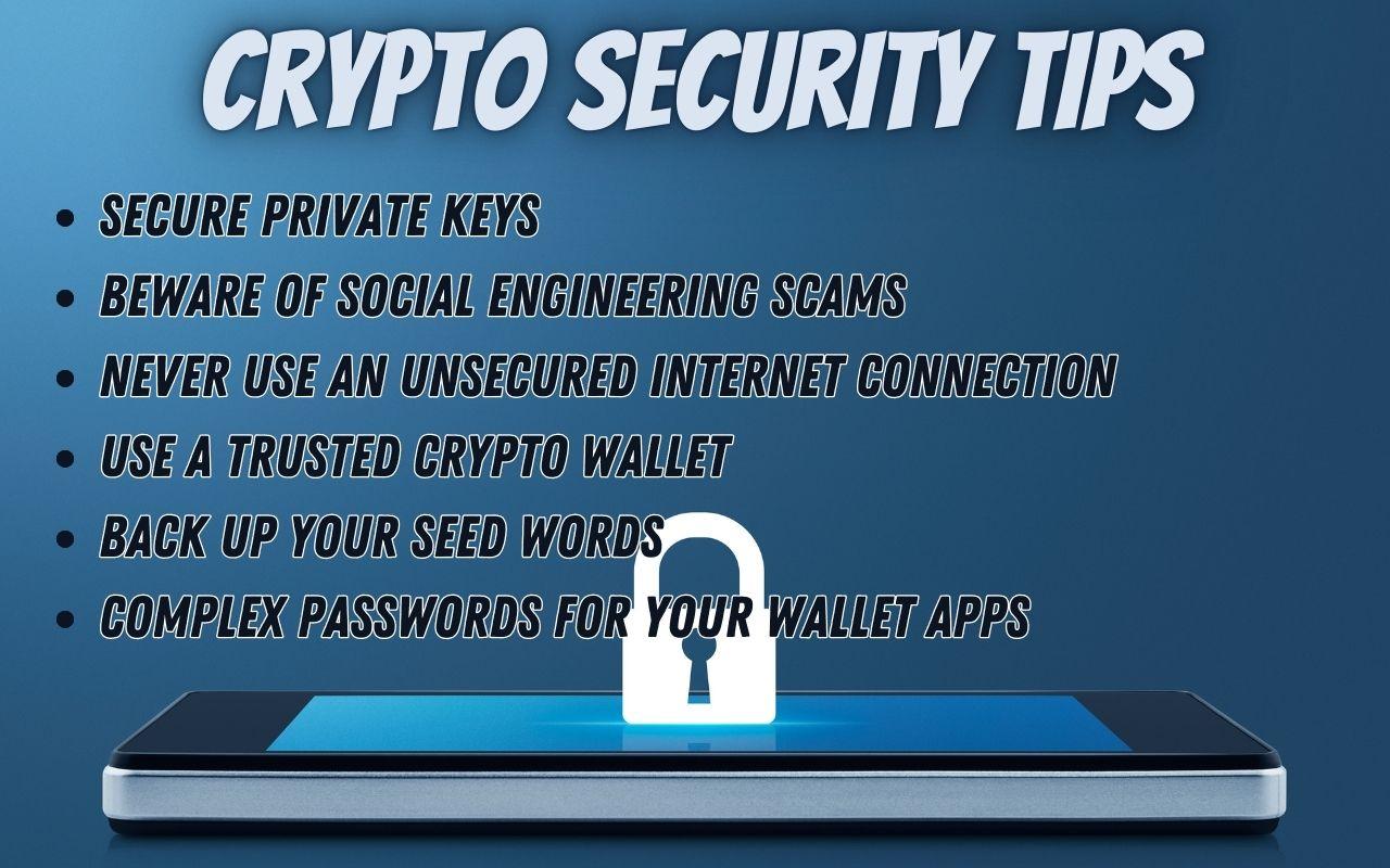 Essential crypto security tips including securing private keys, avoiding social engineering scams, and using secure internet connections, illustrated with a locked smartphone graphic.