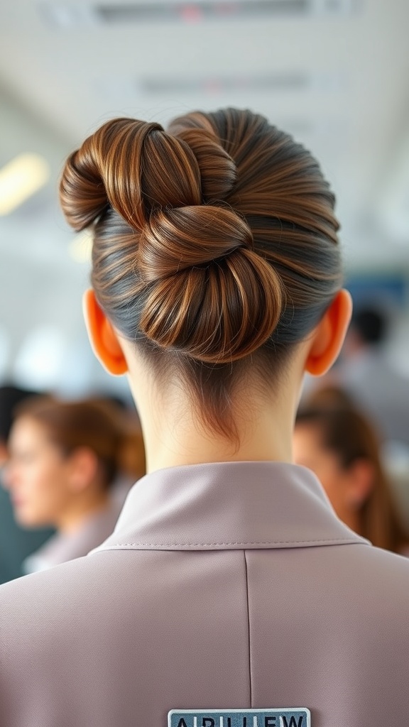 Cabin crew member with straight hair styled in a center part, showcasing a professional look.