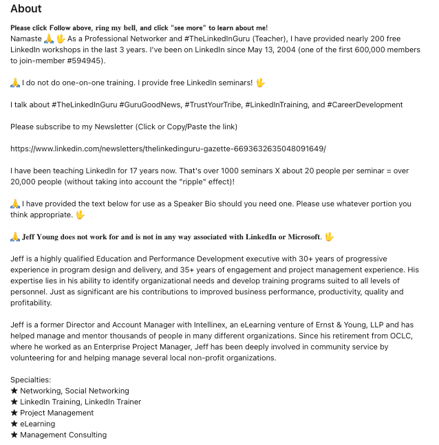 linkedin profile example - jeff young