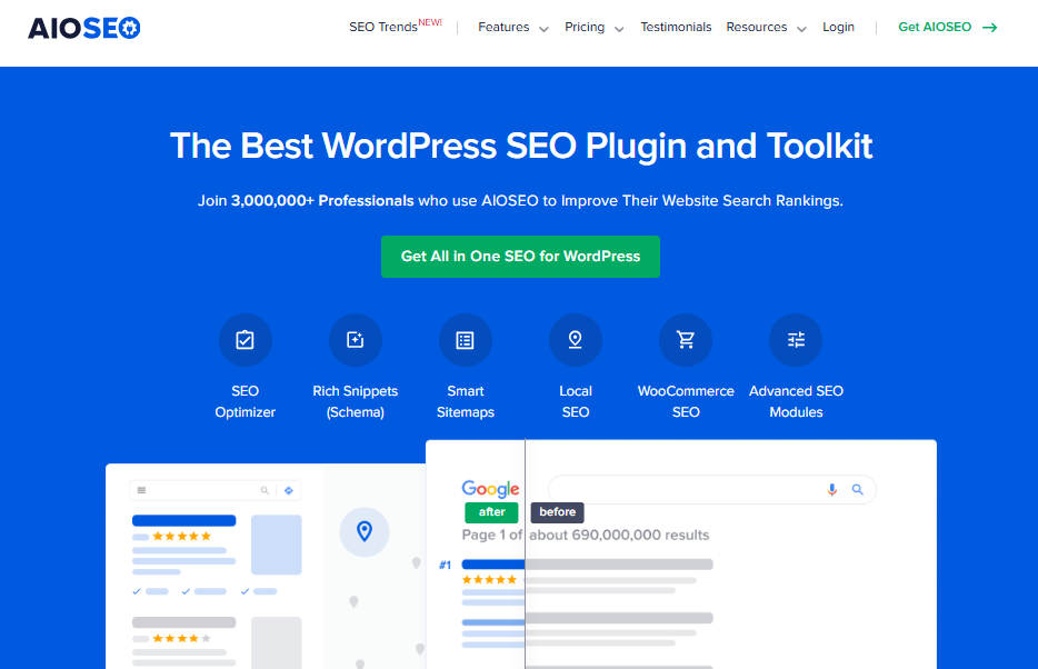 A snapshot of All In One SEO's homepage