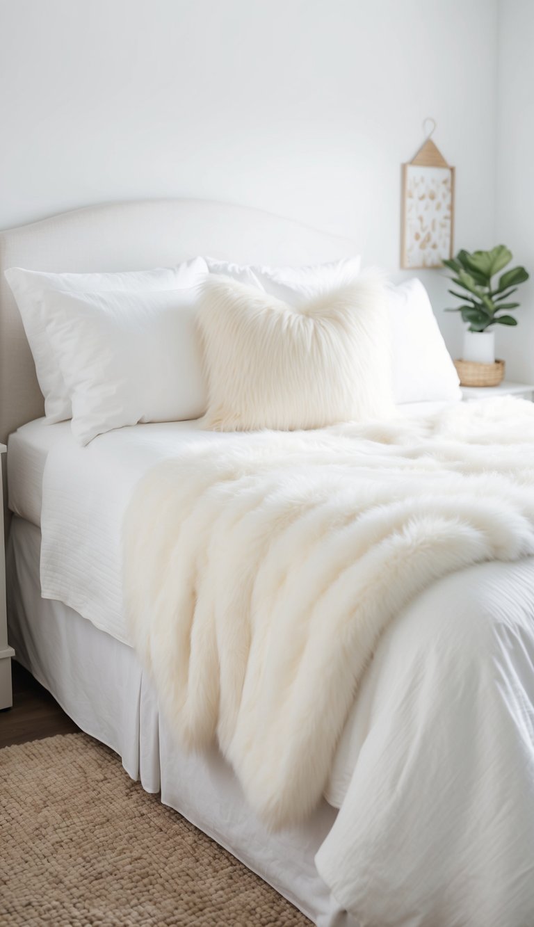 A fluffy white faux fur blanket draped over a cozy bed in a serene, all-white bedroom