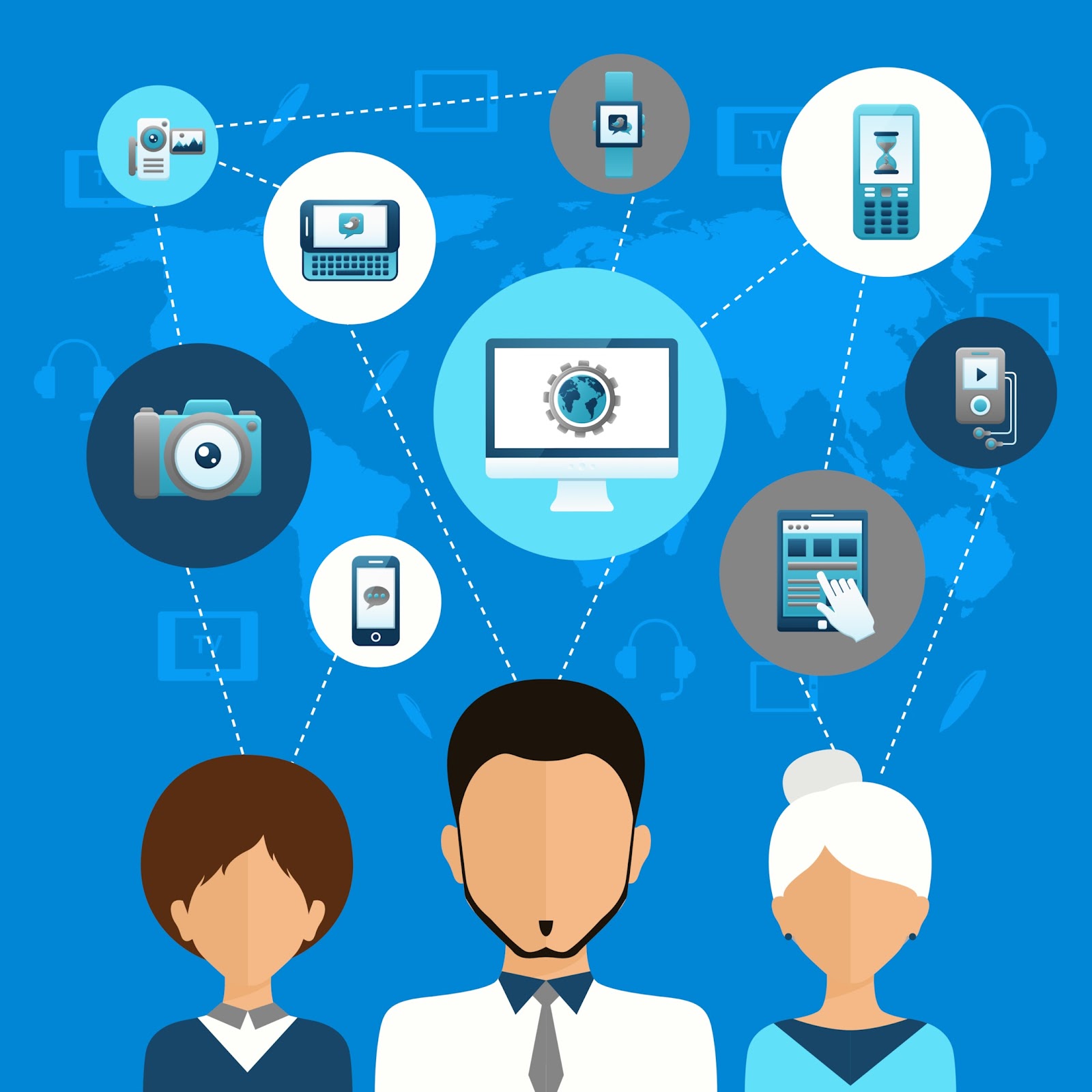 Illustration shows three business clients with icons above their heads, representing digital UCaaS services.