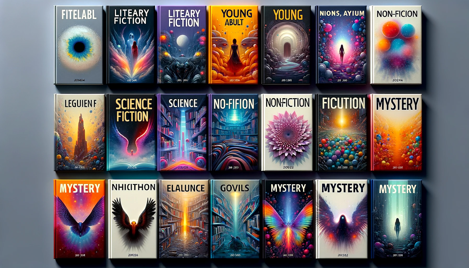 This image displays an array of vibrant and imaginative book covers across various literary genres, presented in a grid format. Each cover features unique artwork that vividly represents the genre it belongs to, such as the ethereal landscapes for science fiction, haunting figures for mystery, and intricate abstract designs for non-fiction