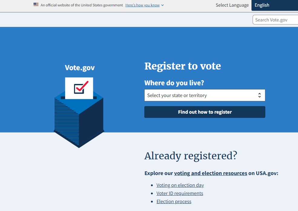 A screenshot showcasing the Voter Registration site and how it uses the United States Web Designs System