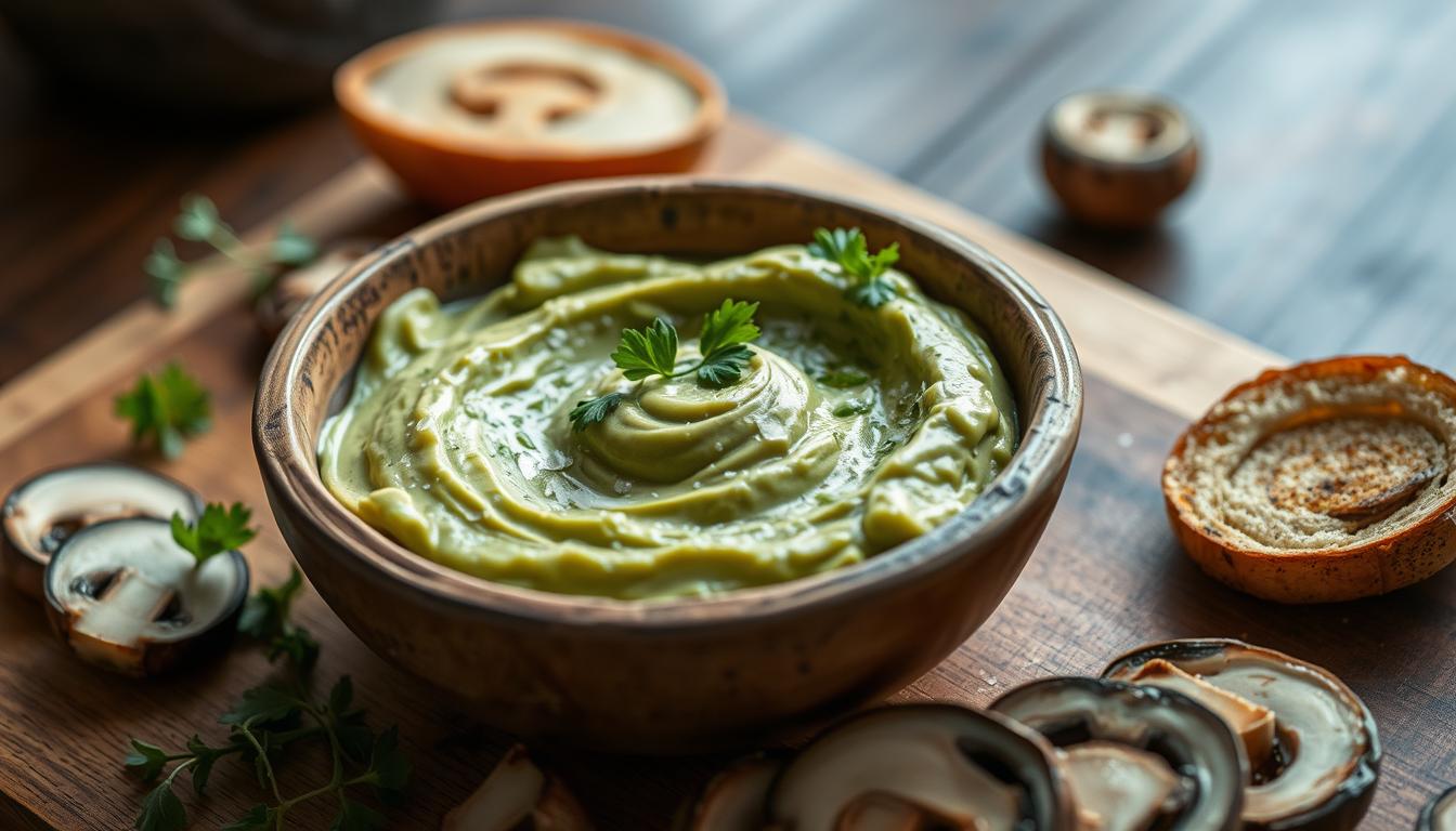 Creamy avocado spread topped with sautéed mushrooms and herbs for a nutritious snack.