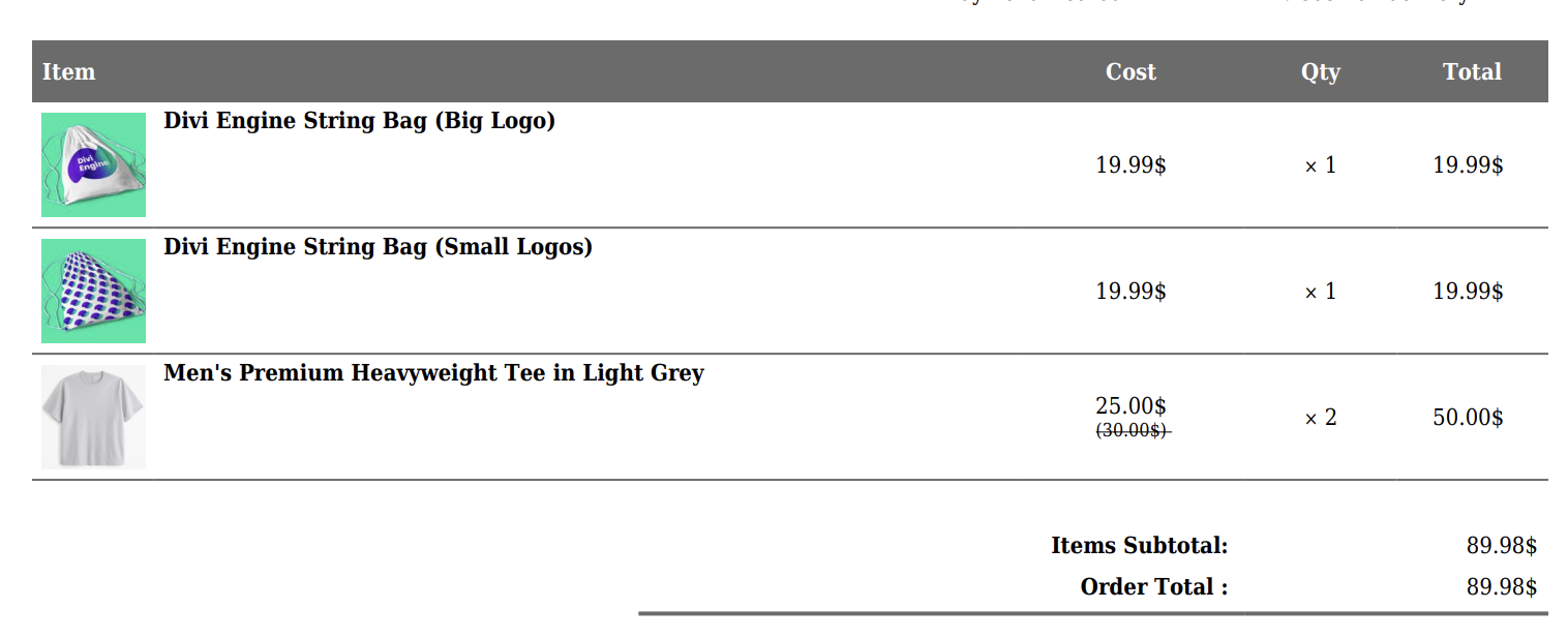 Product List in an Invoice