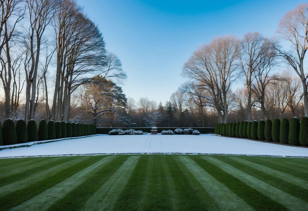 A serene winter landscape with a neatly trimmed lawn, surrounded by bare trees and a clear blue sky, with a subtle hint of snow covering the ground