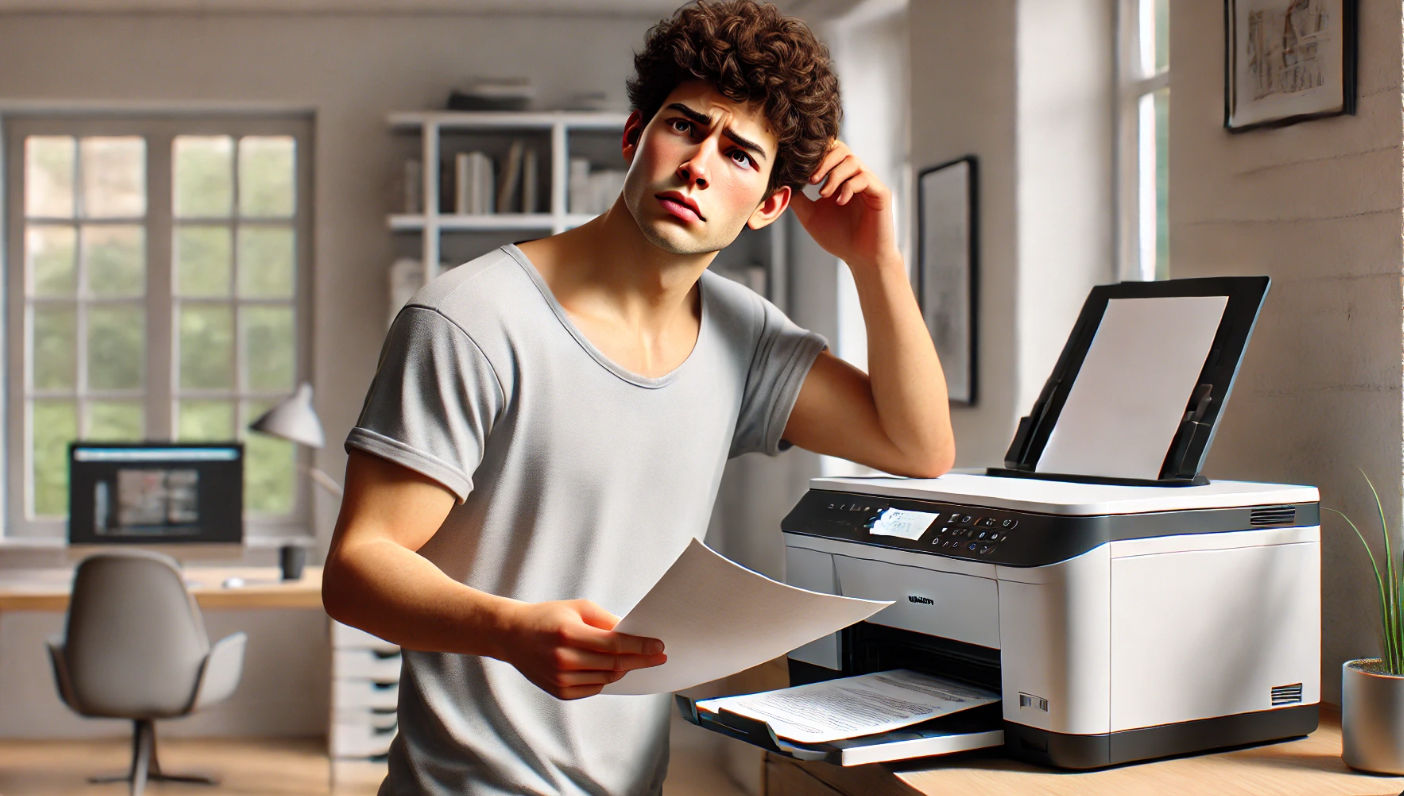 A young man with curly hair and a puzzled expression stands next to a modern printer in a well-lit home office. He holds a printed sheet in one hand while scratching his head with the other, seemingly confused or frustrated. The background features a desk with a computer, bookshelves, and a large window letting in natural light.