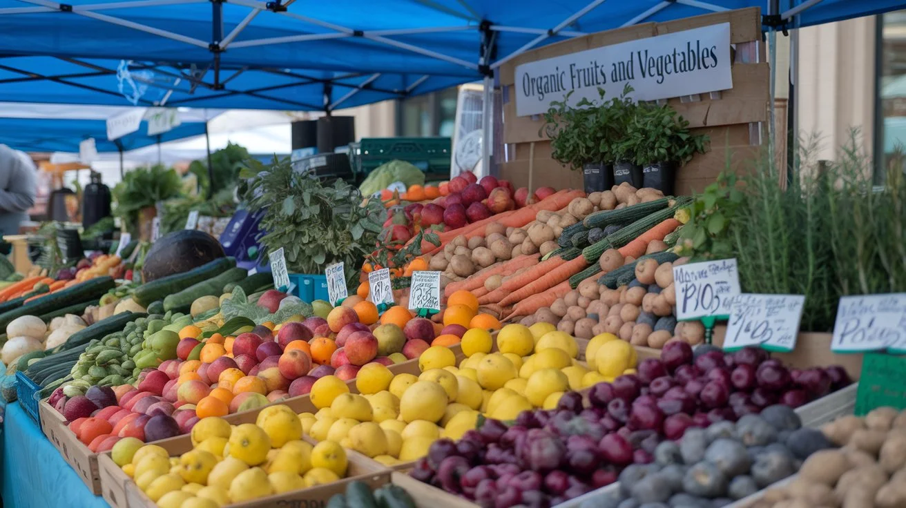 A vibrant farmer's market stall showcasing a variety of fresh, organic fruits and vegetables