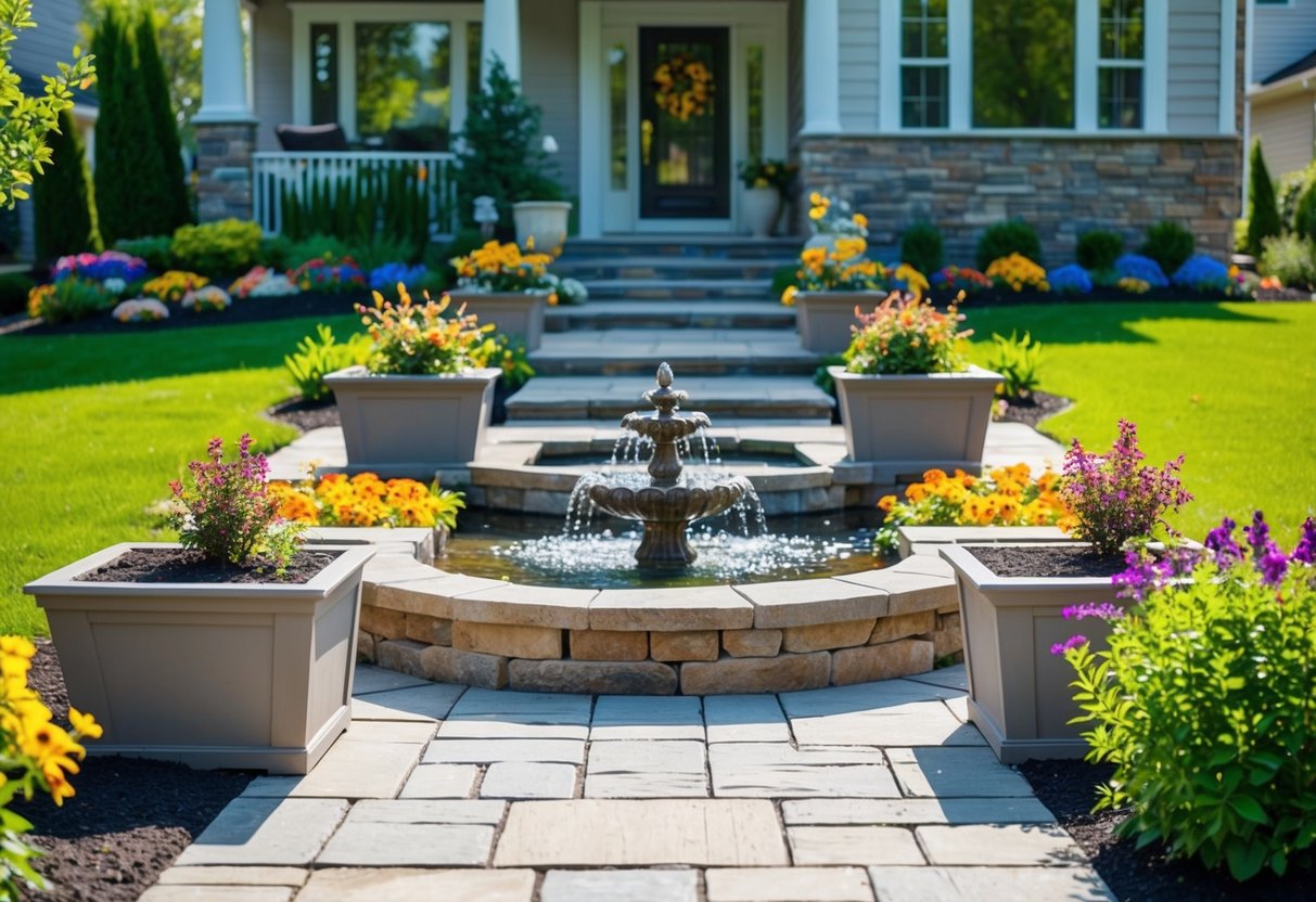 A front yard with a variety of hardscape elements such as stone pathways, a decorative fountain, and raised planters surrounded by colorful flowers and shrubs