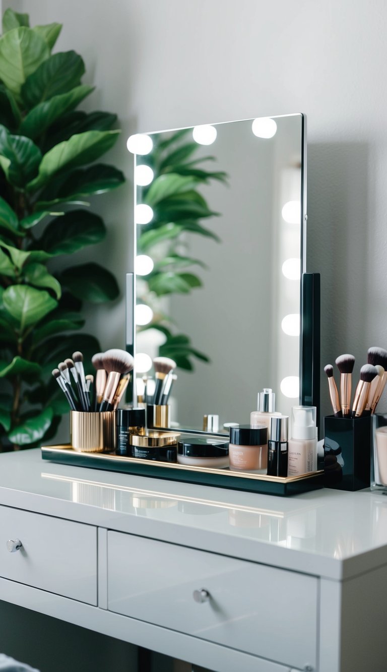 A sleek, organized vanity area with a mirror, makeup brushes, and neatly arranged beauty products in a grown woman's bedroom