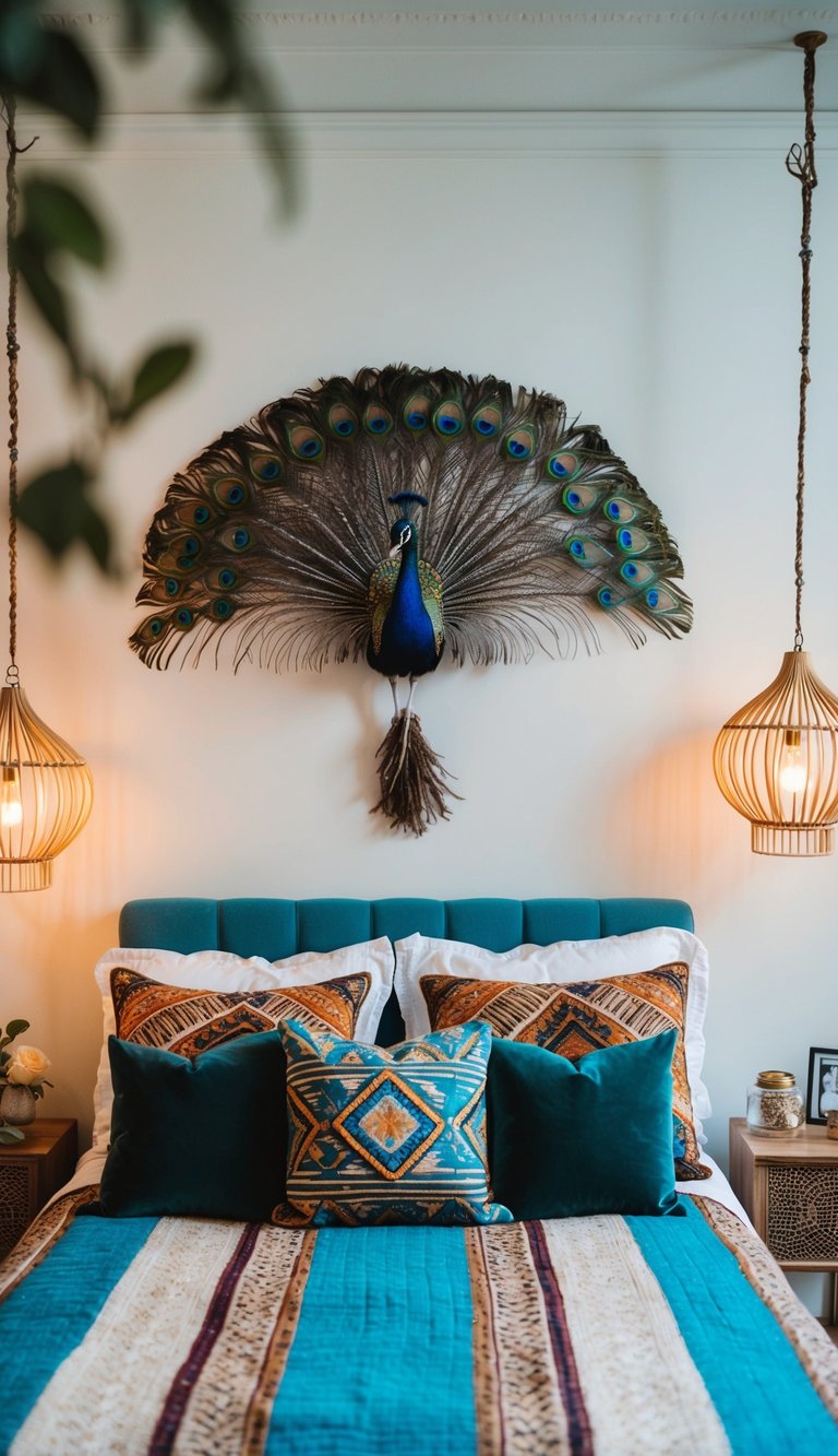 A peacock feather decor hangs above a bed in an eclectic boho bedroom