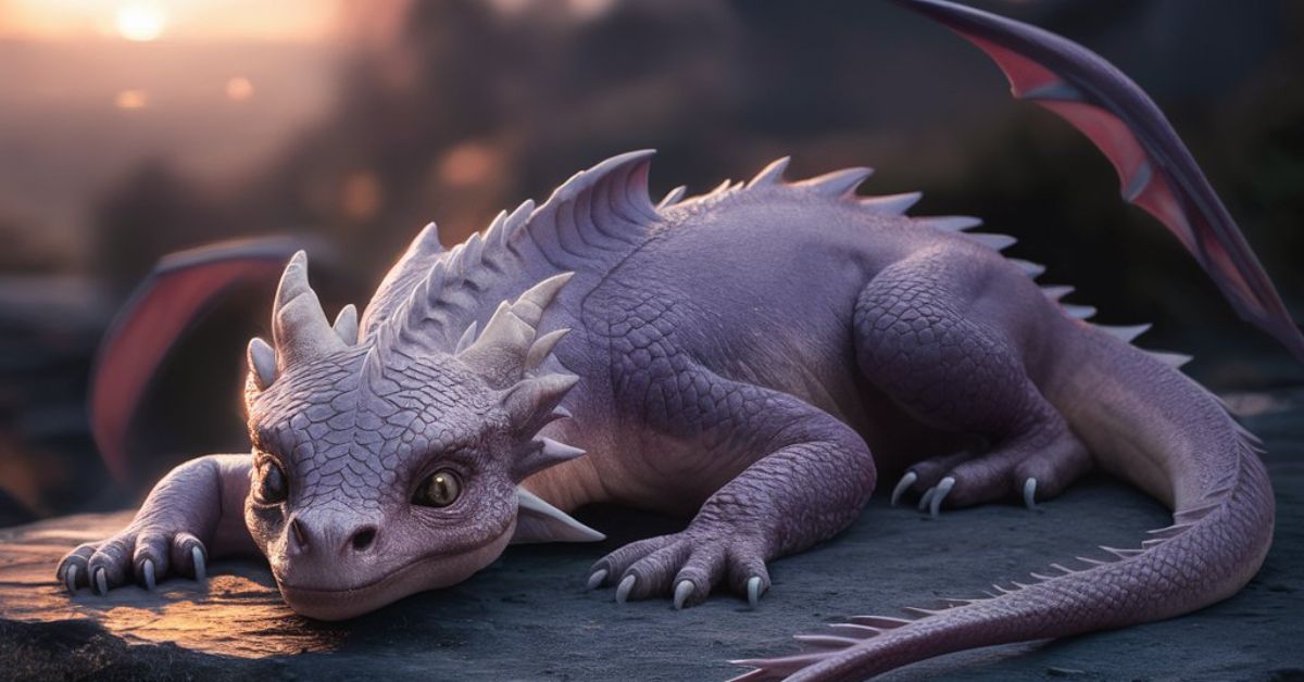 A purple dragon, a Legendary Wyrmling, rests majestically on a large rock under a clear blue sky.