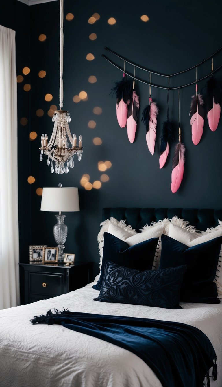 A dark, feminine bedroom adorned with raven feather decor