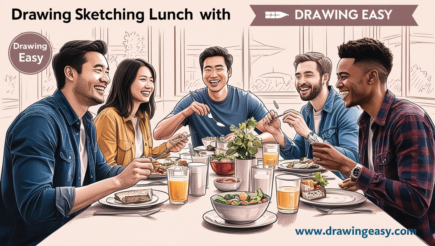 A Person Eating Lunch with Their Friends Drawing Easy
