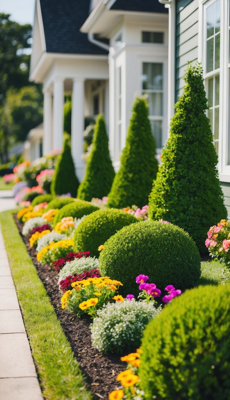 A well-maintained garden with colorful flowers and neatly trimmed bushes lines the side of a charming house, adding to its curb appeal