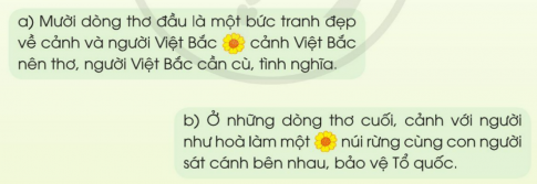 BÀI ĐỌC 4: NHỚ VIỆT BẮCĐỌC HIỂUCâu 1: Bài thơ là lời của ai nói với ai? Chọn ý đúng:a) Là lời của người sắp xa Việt Bắc nói với người dân Việt Bắc.b) Là lời của người dân Việt Bắc nói với người sắp xa Việt Bắc.c) Là lời của người dân Việt Bắc nói với nhau về quê hương.Giải nhanh:Là lời của người sắp xa Việt Bắc nói với người dân Việt Bắc.Câu 2: Tìm những hình ảnh đẹp về núi rừng Việt Bắc trong bài thơ.Giải nhanh:Rừng xanh hoa chuối đỏ tươi, mơ nở trắng rừng, đèo cao nắng ánh dao gài thắt lưng, rừng phách đổ vàng, rừng thu trăng rọi hòa bình, núi giăng thành lũy sắt dày.Câu 3:  Tìm những hình ảnh đẹp về người dân Việt Bắc cần cù lao động.Giải nhanh: Dao gài thắt lưng, người đan nón chuốt từng sợi giang, cô em gái hái măng một mình.Câu 4: Những câu thơ nào nói lên lòng yêu nước của người dân Việt Bắc?Giải nhanh: Nhớ khi giặc đến gặc lùngRừng cây núi đá ta cùng đánh tâyNúi giang thành lũy sắt dàyRừng che bộ đội, rừng vây quân thù.