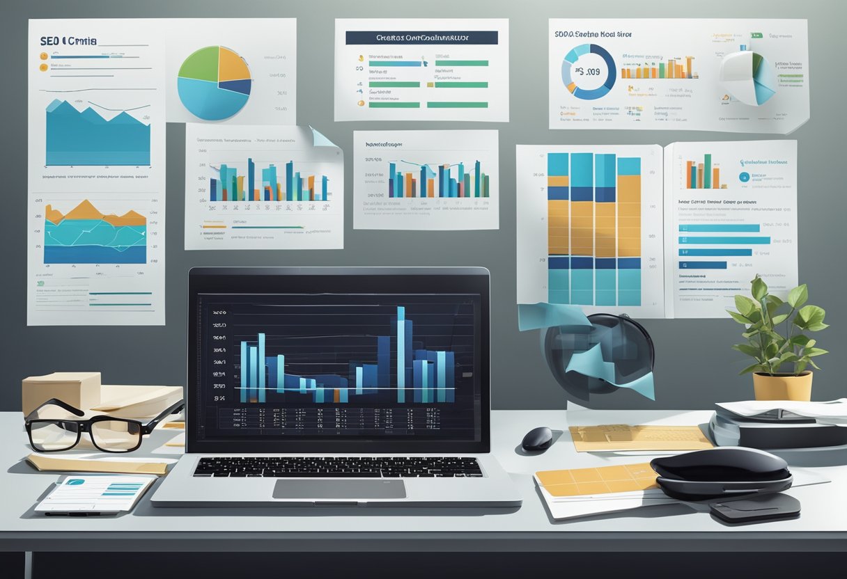 A desk with a laptop, notebook, and pen. Charts and graphs on the screen. A checklist with SEO audit criteria