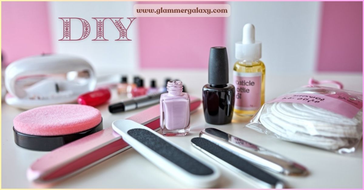 Assorted manicure tools and products displayed for DIY French tips tutorial.