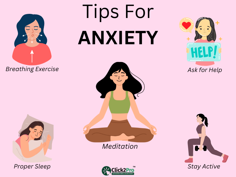 Illustration of tips for anxiety relief: breathing exercises, meditation, staying active, proper sleep, and help.