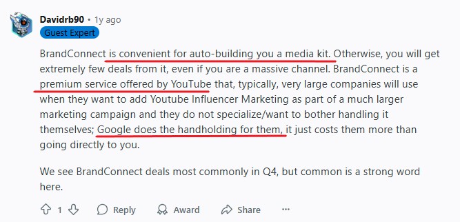 YouTube BrandConnect review on Reddit