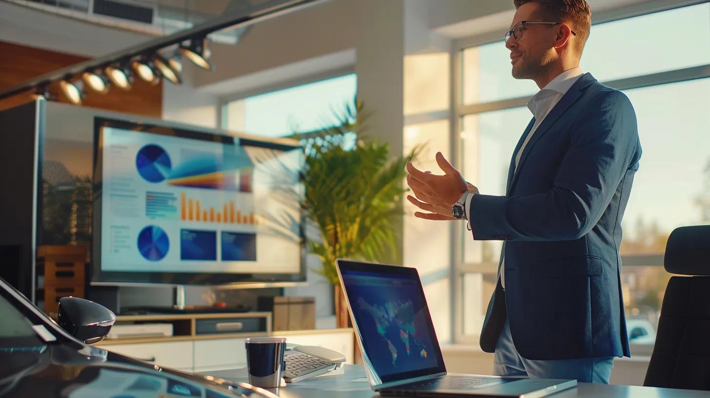 a sleek, contemporary office filled with resources on car financing displays an engaged financial advisor presenting a dynamic infographic about how credit scores impact loan terms for used cars in tallahassee, highlighted by bright, focused lighting that emphasizes the importance of financial literacy.