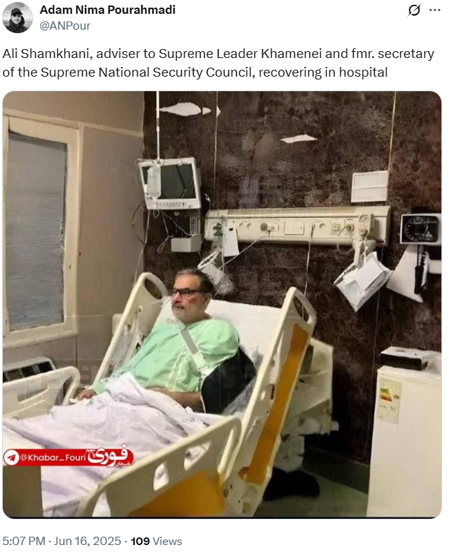 ⚠️⭕ First confirmed appearance of the Supreme Leader’s advisor, Ali Shamkhani — seen in good health, dismissing earlier reports that claimed his “martyrdom.”