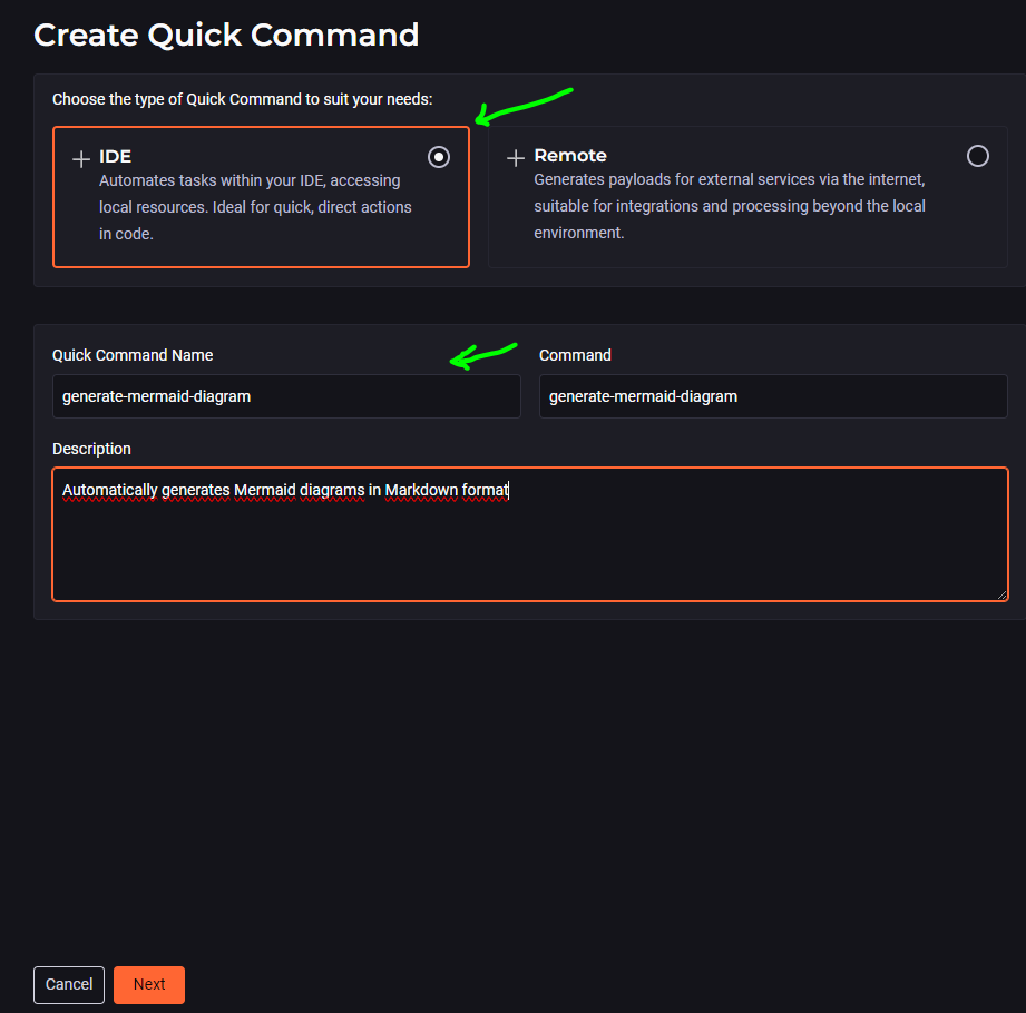 Image from the article on Mermaid Diagrams. Quick Command creation form, containing the option to choose IDE or Remote, QC name, command, and a text box for description. 