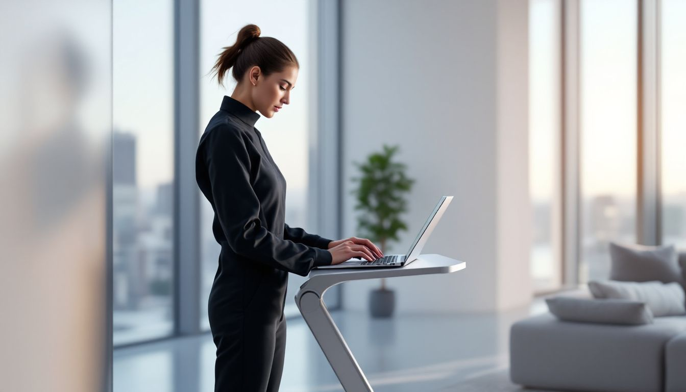 A person using a foldable walking pad while working from home.