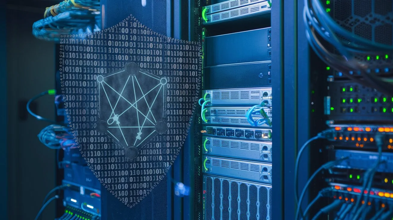 A shield made of binary code and quantum symbols protecting data in cybersecurity.