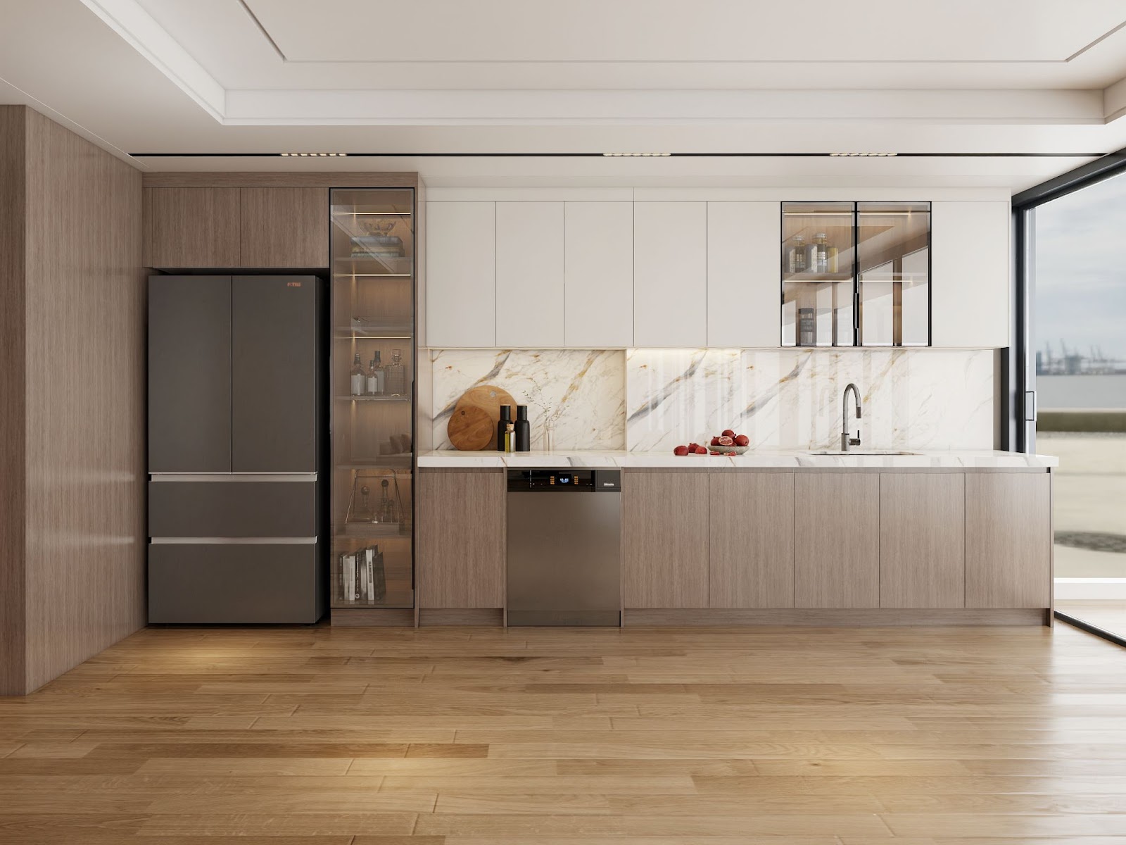 Light wood and white kitchen cabinets with marble backsplash, built-in refrigerator, and glass display shelves.