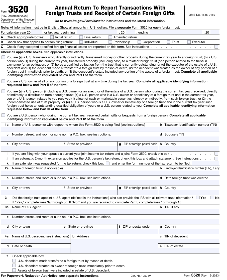 Screenshot of the first portion of Form 3520: Annual Return to Report Transactions With Foreign Trusts and Receipt of Foreign Gifts.