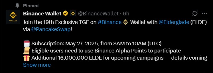 Elderglade Listing on Binance